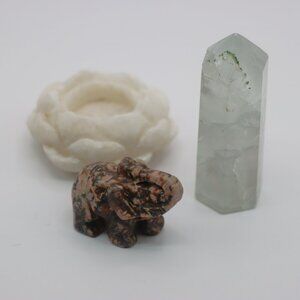Set of 3 Authentic Crystals Carved Elephant, Tower and Candle Flower Holder